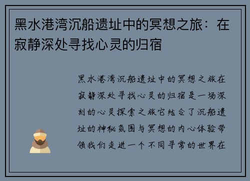 黑水港湾沉船遗址中的冥想之旅:在寂静深处寻找心灵的归宿